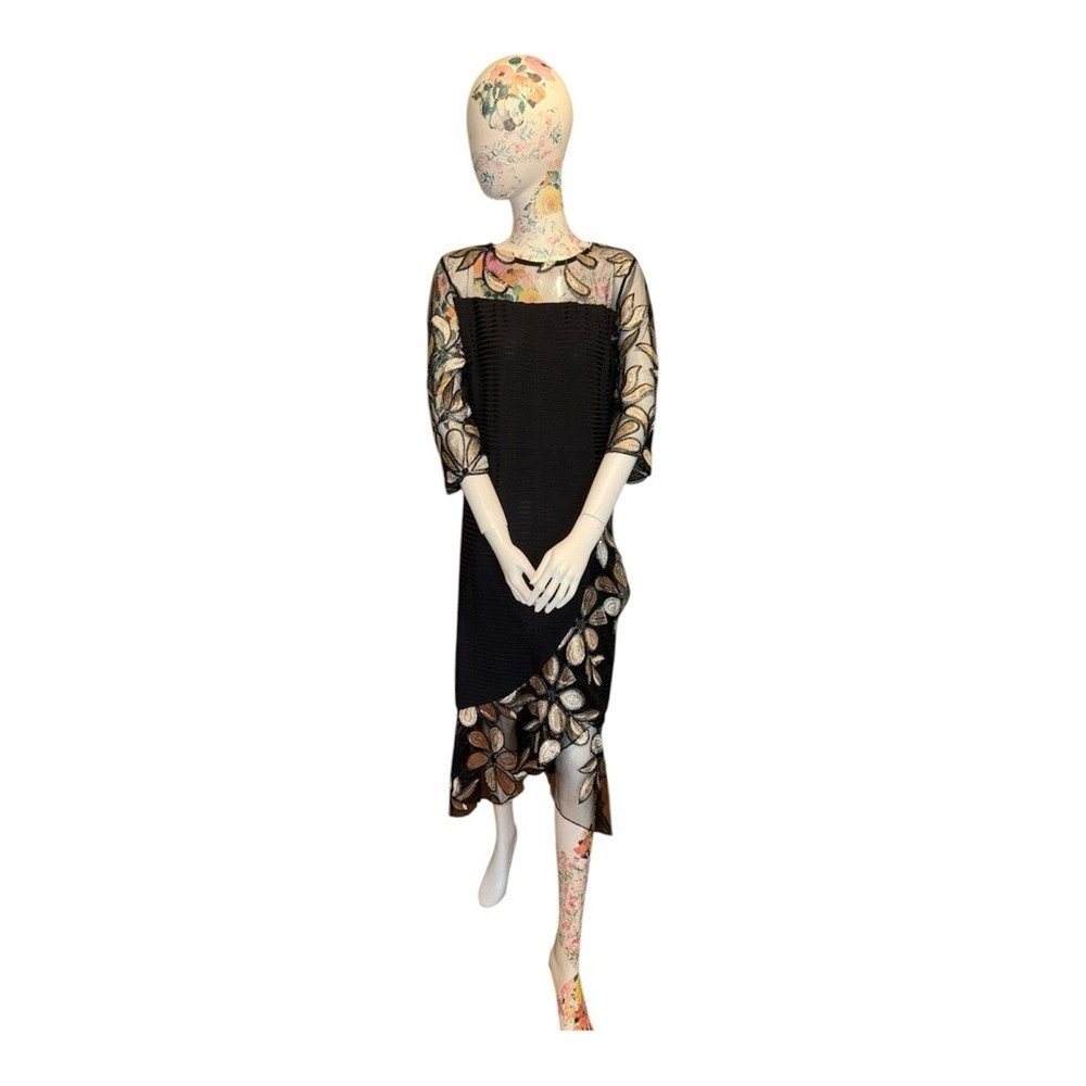 Black and Cream Asymmetrical Embellished Cocktail Dress
